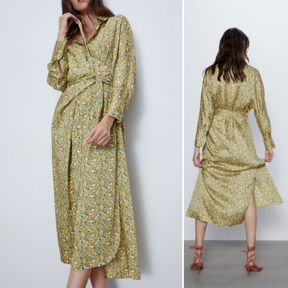 Zara Flower Print Maxi Shirt Dress Wrap Waist Size L Retro Floral Print Satin